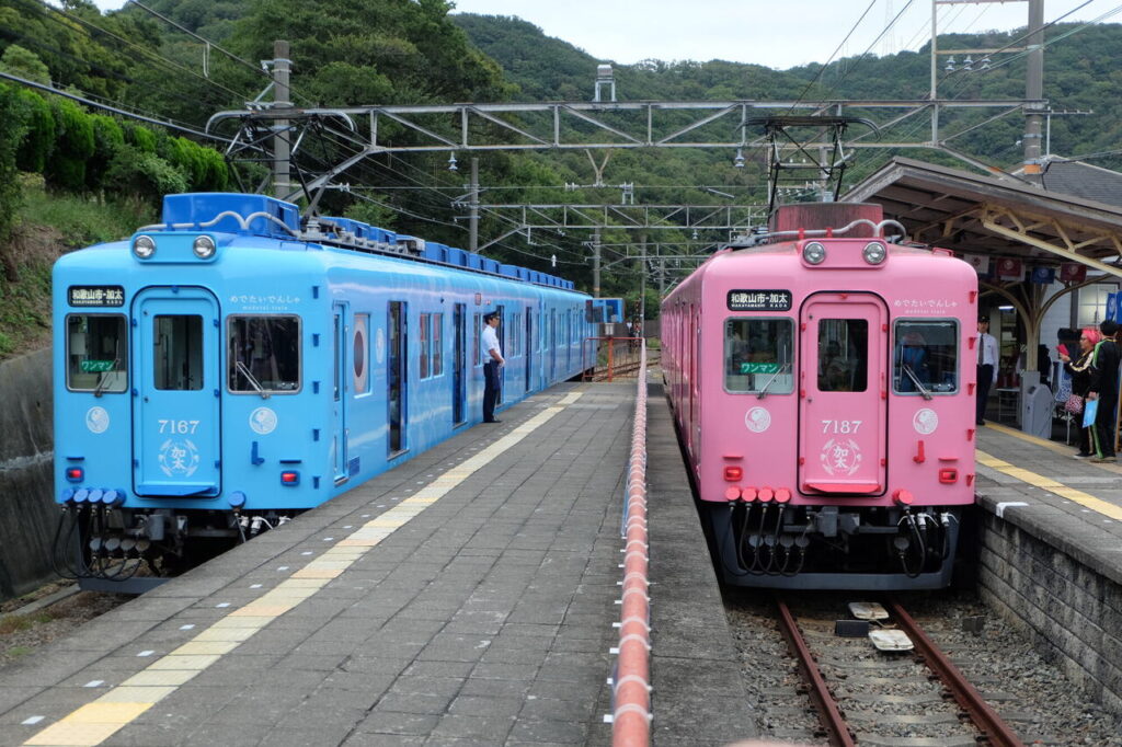 two medetai trains stopped in the train station