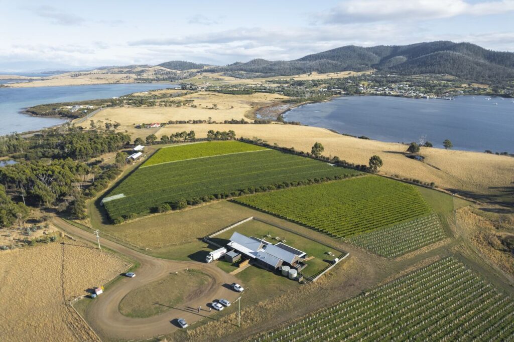 Aerial shot of Bangor Vineyard Shed, Tasmania, Australia