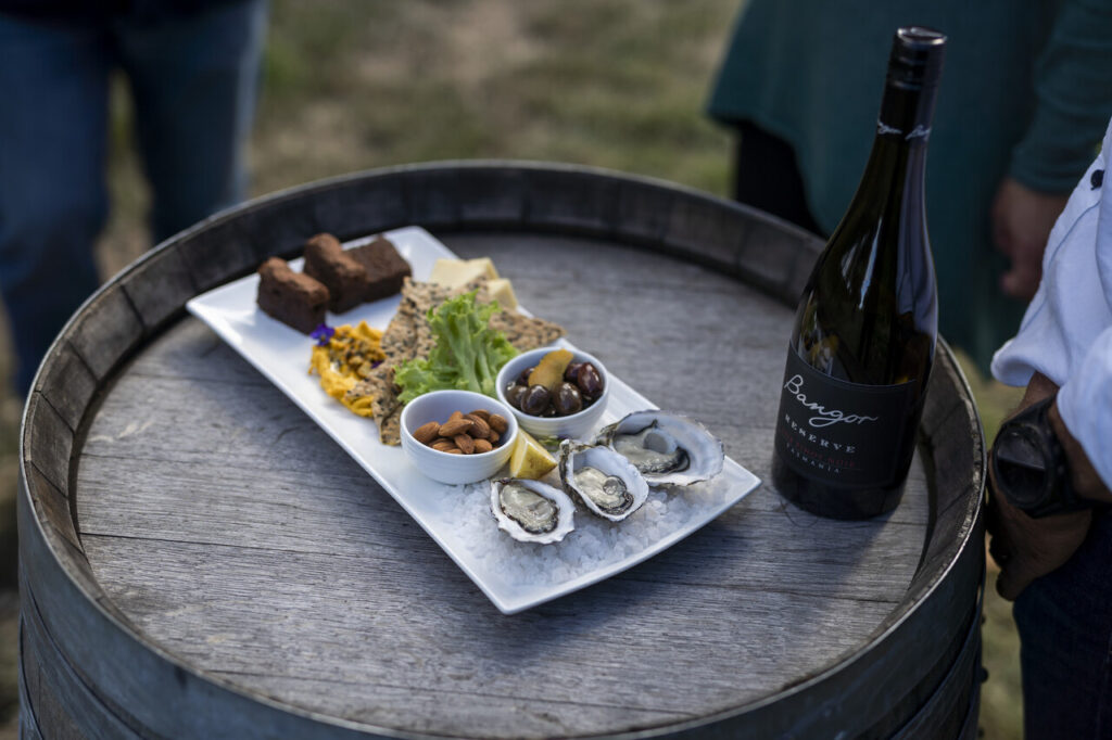 wine tasting food in the Bangor Vineyard Shed, Tasmania, Australia