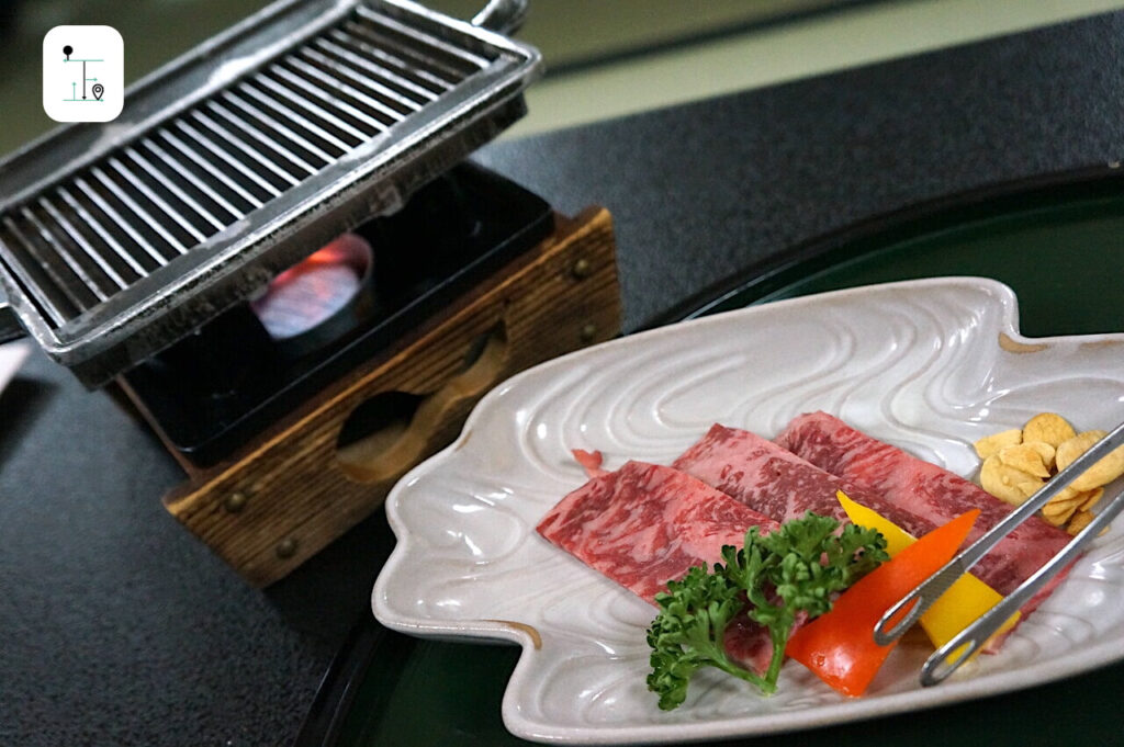 Grilled beef food by the Suimeikan, Ryukan in Gero Onsen