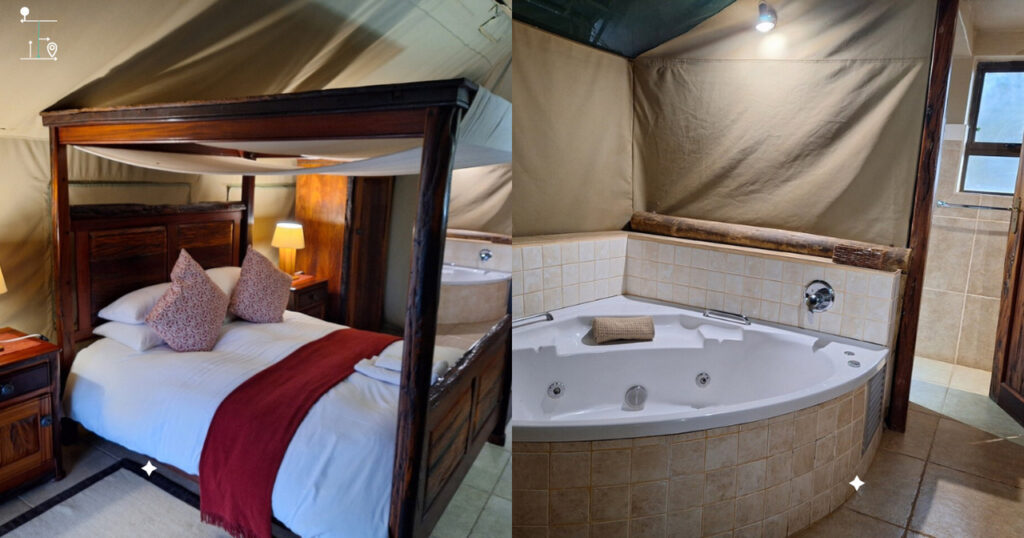 Four posted bed and bathtub are well equipped in the luxury tent of the Mattanu Private Game Reserve, Kimberly, South Africa.