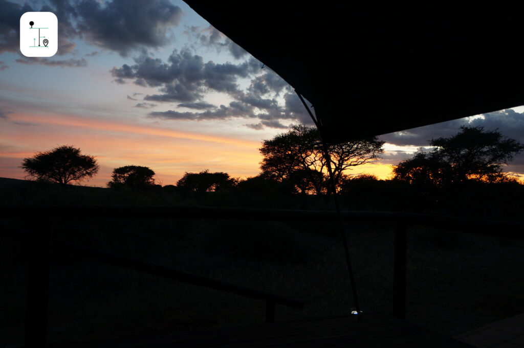 Sunrise outside the luxury tent in the Mattanu Private Game Reserve, Kimberly, South Africa.