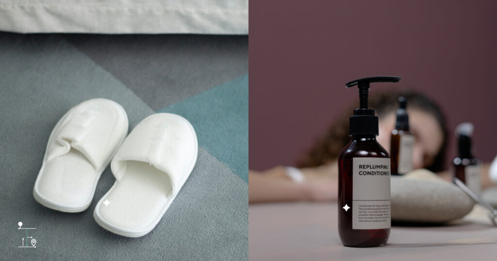 hotel amenities like slippers and hair conditioner