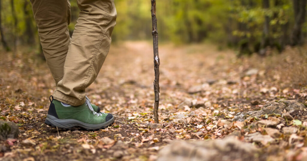 a hiking man with stick