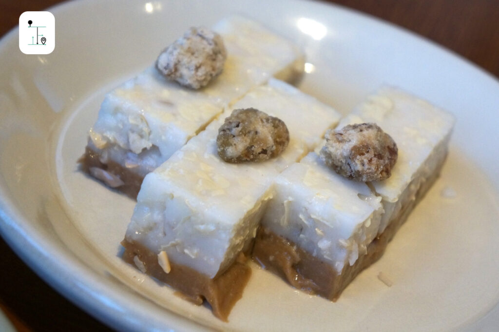 chinese cold dessert cake with walnut, tofu skin and barley