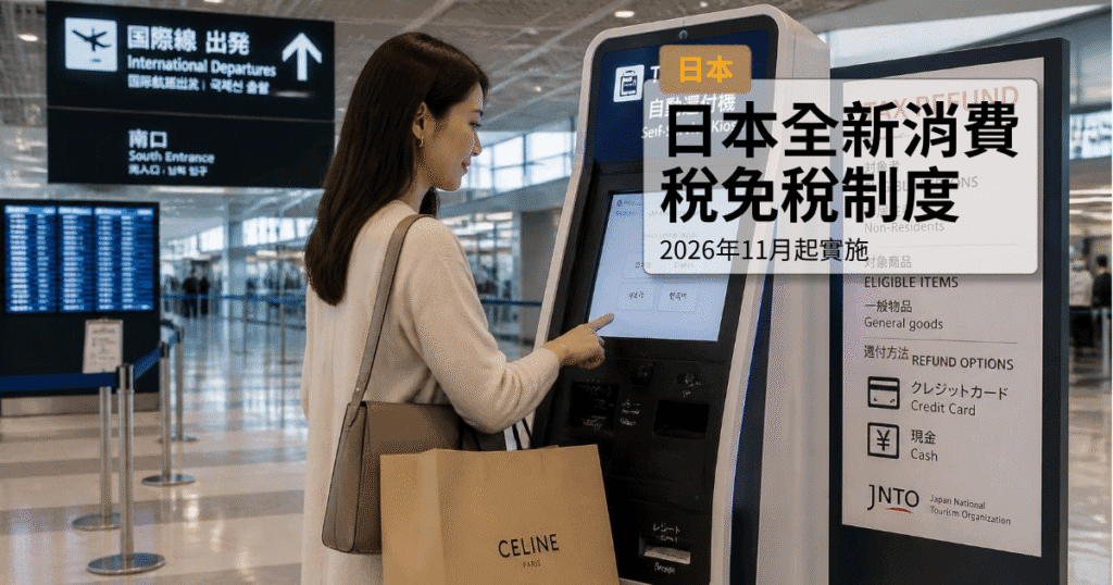 日本最新消費稅免稅制度，2026年11月起實施，旅客在機場自助退稅機前操作。