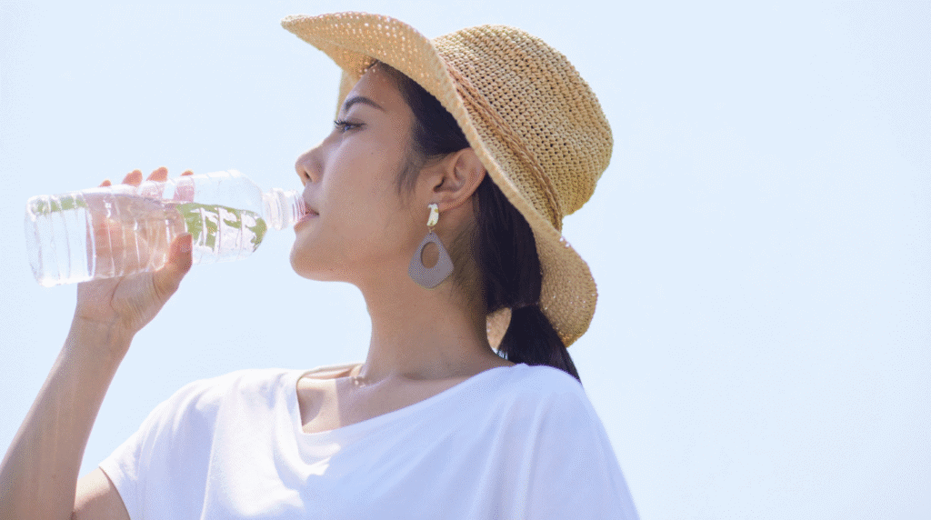 夏日防暑技巧之一，女性在陽光下喝水降溫。