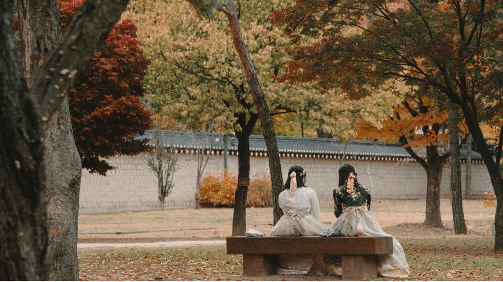 兩位穿著傳統韓服的女性，在首爾的公園中欣賞紅葉。
